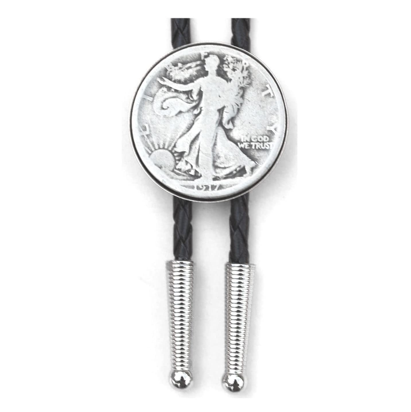US 1917 Walking Liberty Half Dollar 90% Silver Coin Simple Slide 36" Black Leatherette Cord Bolo Tie NEW
