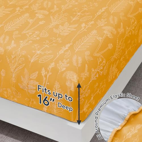 Image of 100% Natural Cotton Percale Sheets Set,Queen Size 4 PC, Breathable&Durable Hotel Quality Bedding, 16 inch Deep Pocket Botanical Floral Bedsheets,Yellow