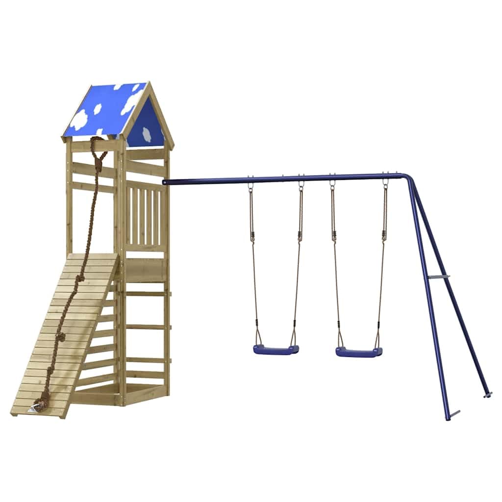 Spielturm aus imprägniertem Kiefernholz mit Schaukel, Rutsche, Klettergerüst und Sandkasten für Garten, Terrasse, Outdoor Spielplatz, Kinderspielhaus mit Leiter, Seil, Rampe und Sicherheit
