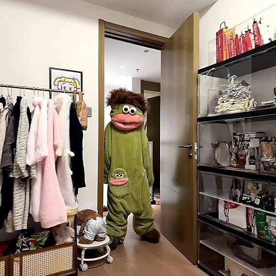 Grünes Monster Onesie für Erwachsene, lustiger Hoodie aus Fleece, kuscheliger Schlafanzug mit Kapuze & Taschen, Unisex Overall für Zuhause, Halloween & Karneval