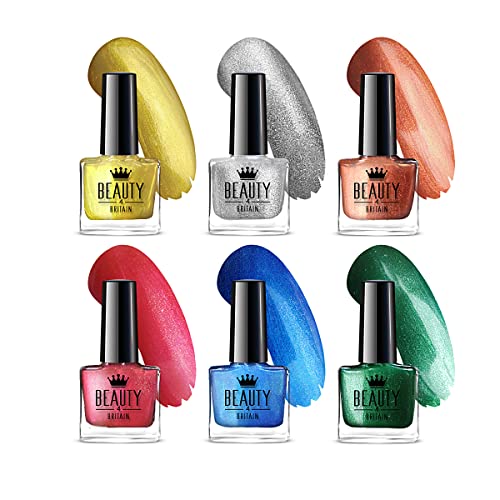 Beauty4Britain Glam & Shimmer Nagellack-Set - 6 atemberaubende Farbtöne für lebendige, glänzende Nägel - Langanhaltende Formel, je 10 ml