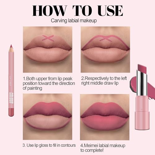 Nude Pink Lipstick Lip Liner Set, Matte Soft Pink Lipliner Long Lasting Waterproof Lip Stick, Silky Smooth Full-Coverage Highly Pigmented Lipsticks Lip Line Pencil Set, Gift for Women - Image 6