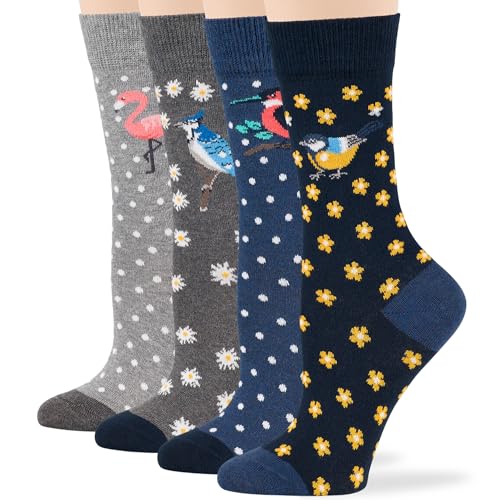 7BigStars Women Crew Socks 4 Pairs Cotton Floral and Bird Patterned - Soft and Breathable Seamless Dress Fit - Sock Size: 9-11 Shoe Size: 5-9