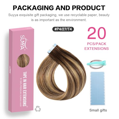SUYYA Tape in Hair Extensions Human Hair 20 Pcs 50g Invisible Tape Hair Extensions Straight Tape Extensions Real Human Hair 18 Inches #P4/27/T4 Ombre Chocolate Brown to Caramel Blonde - Image 2