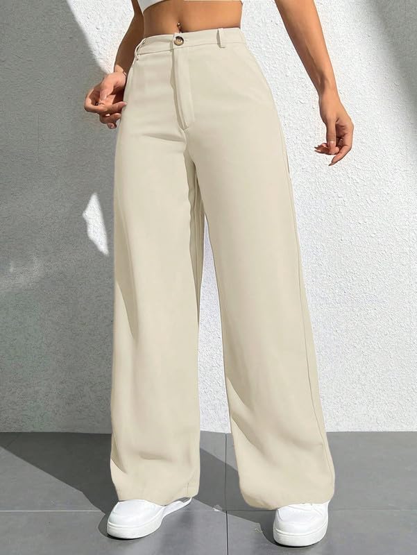 Image of Women's High Waisted Wide Leg Pants Trousers | Loose Fit Stretch Cotton Blend Slacks | Casual Elegant Style (TR002CRM S) Cream