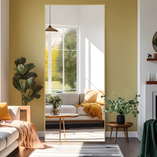 Image of NeuType 71 inchx32 inch Full Length Mirror with Standing Holder Aluminum Alloy Frame Floor Mirror Wall-Mounted Mirror for Living Room, Bedroom, Hanging or Leaning Against Wall, Golden (with Stand)
