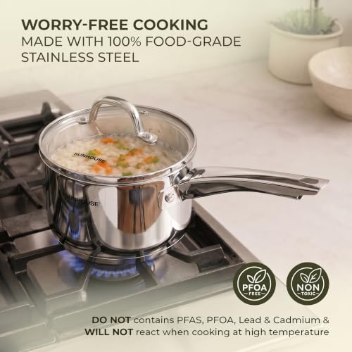 Image of Sunhouse 2 QT Stainless Steel Sauce Pan with Lid, Small Pot for Cooking, PFOA-Free, Advanced Impact Bonding Induction Base Mini Saucepan, Compatible with Induction, Ceramic, Gas