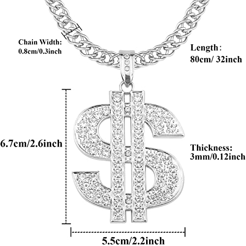 Gold Plated Chain with Crystal Dollar Sign Pendant Necklace, Hip Hop Chain Money Charm Necklace for Men 31.5 Inch2