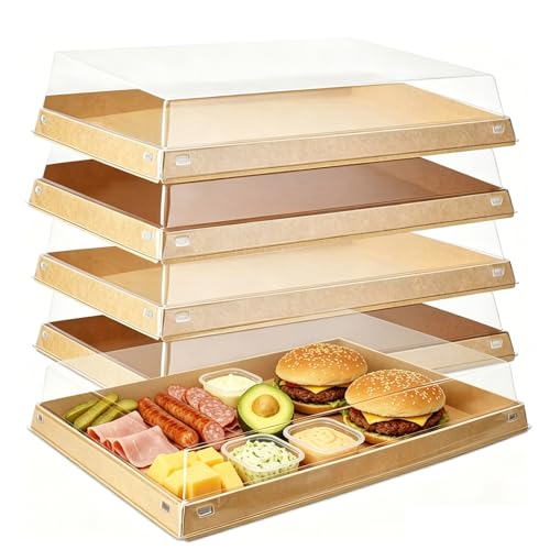 5 Pack Catering Trays with Lids 11.8x8.5 Serving Trays with Lid Disposable Paper Charcuterie Board with Clear Lids for Lightweight Food Meal Prep Potlucks Sandwiches Cake and Buffet
