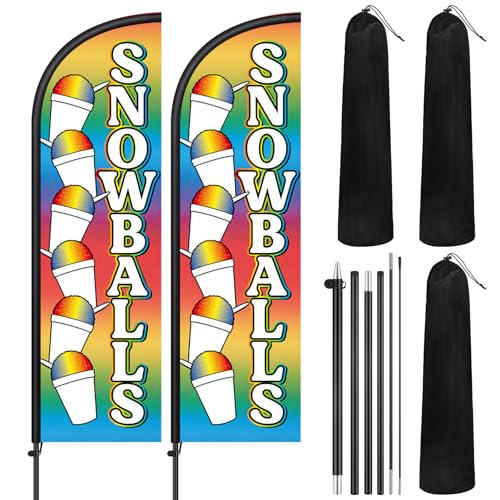 Image of Remagr 2 Pack Snowballs Feather Flag 7 ft Advertising Swooper Flag Sign Windless Snowballs Banner with Pole Kit and Ground Stake for Summer Business Outdoor