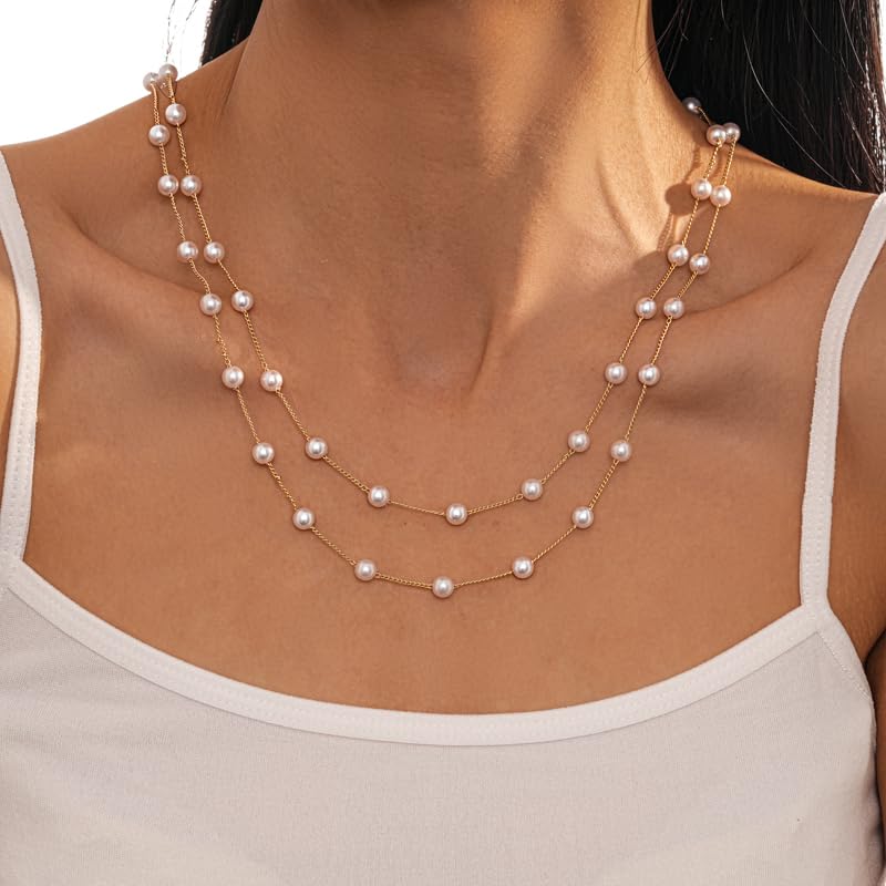 Gold Pearls Necklaces for Women-18K Gold Plated Layered Pearl Necklaces for Women Dainty White Pearls Choker Necklace Chain Pearl Necklace for Women Elegant Gifts3
