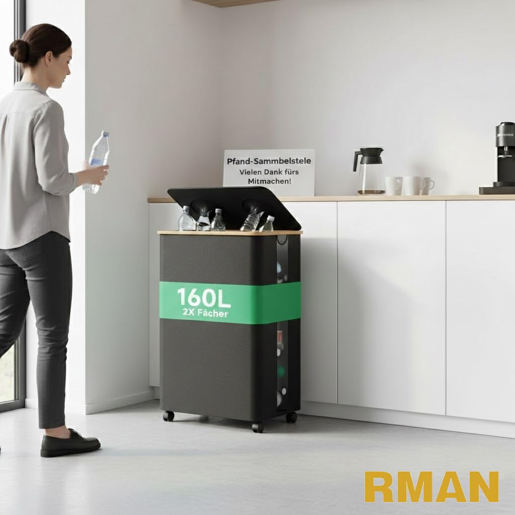 RMAN Cubo de Basura 160 L Reciclaje con Ruedas Grande, Negro | Con Tapa, 2 Compartimentos, Para Recoger Botellas Vacías, 18cm de Diámetro para Cocina, Comedor, Oficina