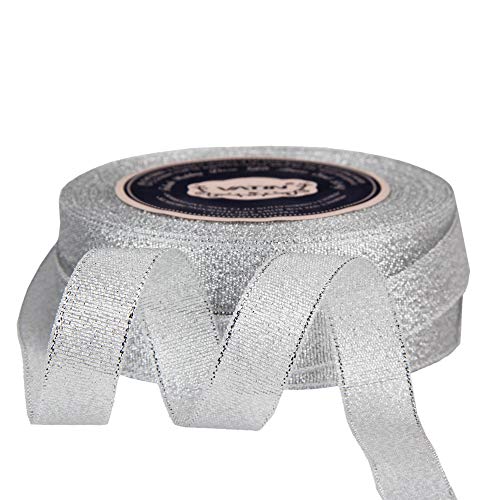Vatin Glitter Metallic Silver Ribbon 5/8 Inches Wide Sparkly Fabric Ribbon For Gift Crafters Sewing Wedding Party Brithday Wrap Card Making Hair Bows Floral Projects 25 Yards/Roll X 2 Rolls #TOP3