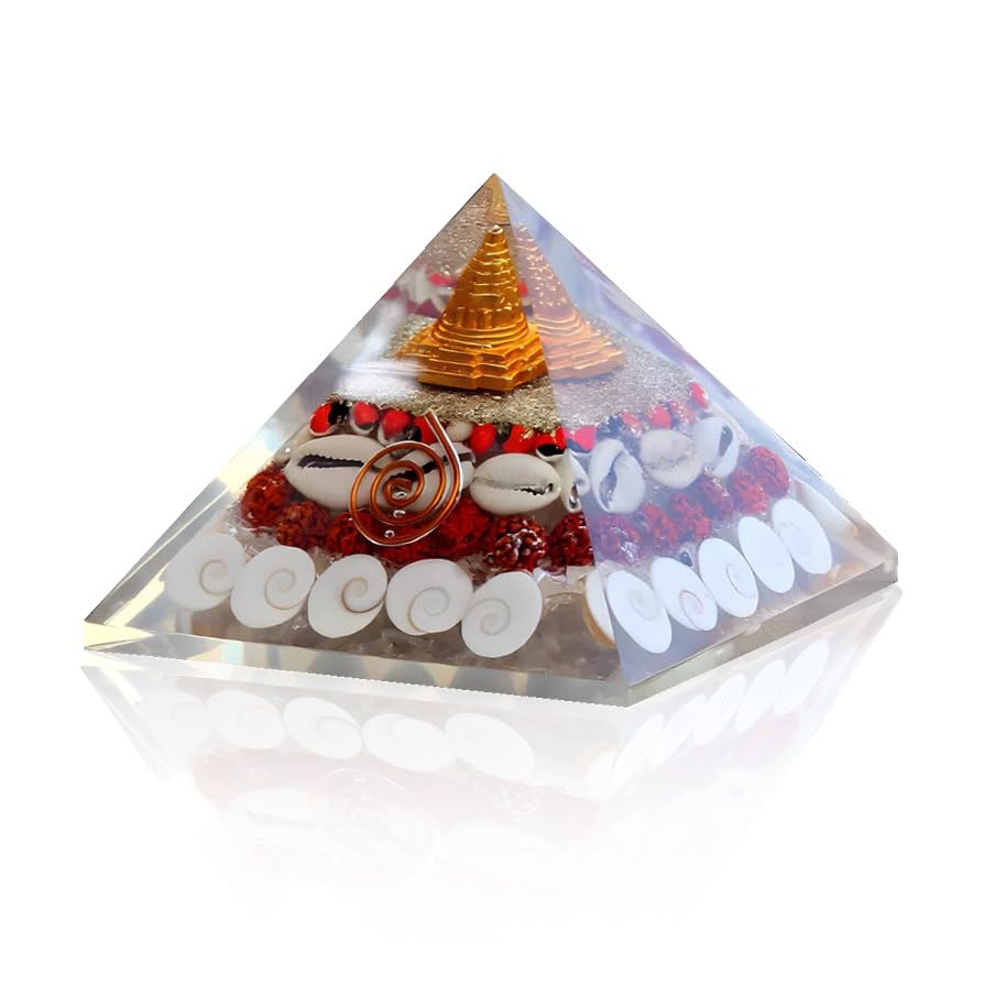 A-One Crystal Shri Yantra Gomti Chakra Pyramid 90MM Large Orgonite With Rudraksha Chirmi & Kaudi Shells Feng Shui Vastu For Money Wealth Good Luck Success & Prosperity Home Office Desk Decor Gift Item