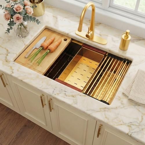 LQS Gold Kitchen Sink 32 Inch Gold Undermount Kitchen Sink 32 x 19 Stainless Steel 16 Gauge Kitchen Sinks with Pratical Accessories For Luxury Kitchens Round Corner and X Drain Line