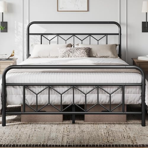 Yaheetech Metal Platform Bed Frame Mattress Foundation with Diamond Pattern Headboard/Footboard/Heavy Duty Steel Slat Support/Under Bed Storage/No Box Spring Needed/Queen Size Black