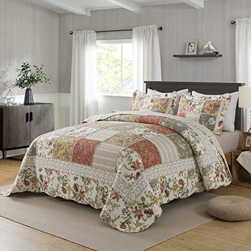 NEWLAKE Cotton Patchwork Bedspread, 3-Piece Bedding Quilt Set with Real Stitched Embroidery, Reversible Matelasse Bed Coverlet Set,Floral Paisley Grid with Lace,Queen Size