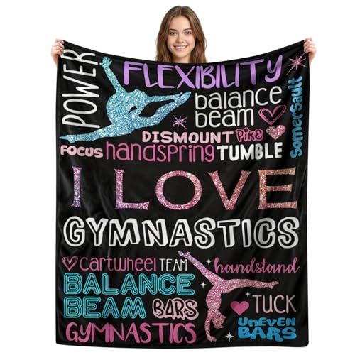 UIACOM Gymnastics Throw Blanket for Girls Soft Cozy Blanket with Glitter-Style Gymnastics Words & Silhouette Pink Blue Gymnast Decor Gifts for Gymnasts 40X50