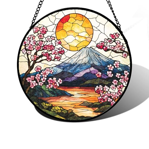 Image of DASTOLL Stained Glass Window Hanging, Sun Blooming Cherry Blossoms Suncatcher Diamond Glass Panel Sun Catchers Decor for Birthday for Women, Men, Wife, Aunt, and Mom 6.3 in