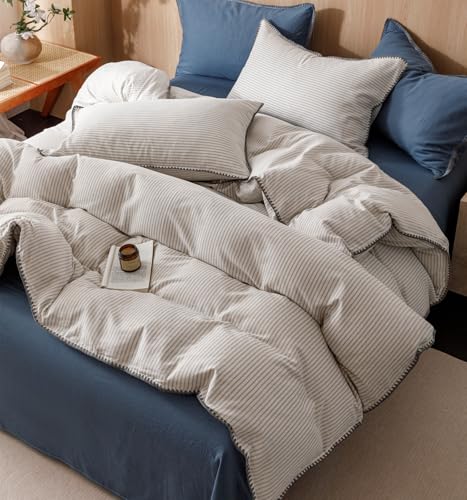 Image of VM VOUGEMARKET Beige Grey Duvet Cover Set with Blue Stripes 3pcs Yarn Dyed Muslin Cotton Vertical Striped Ticking Pattern Bedding Set Without Comforter - Queen Size
