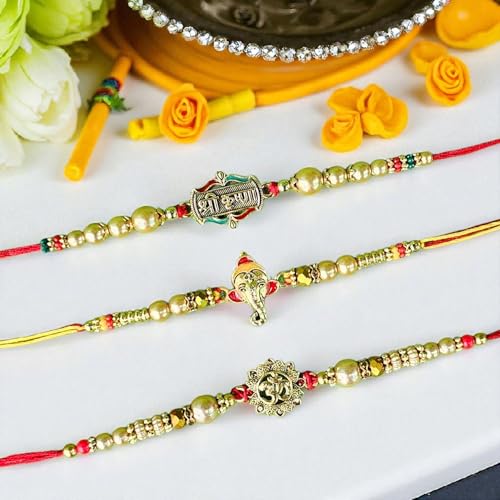 Image of Traditional Premium Rakhi Combo for Brother - Celebrate The Eternal Sibling Bond |3 Assorted Rakhis| Kundan Rakhi | Raksha Bhandhan | Free Roli Chawal | PoPo Toys