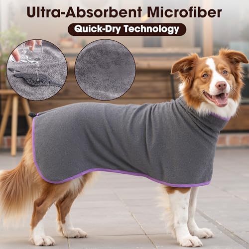 HezzLuv Bademantel für Hunde, Microtuch aus Mikrofaser für Mittelgroße und größere Tiere - Grau, Schnelles Trocknen, Super Saugfähig, perfekt für Hunde und Katzen (Lila, M)