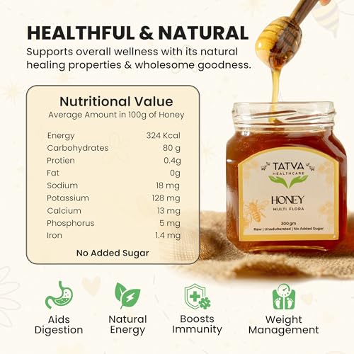 Image of Raw Multi Flora Honey 300g | Glass Jar | Free Wooden Dipper | NMR Tested & Pure | Unprocessed & Unpasteurized | Healthy Sugar Alternative | Shivalik Hills | Tatva Healthcare