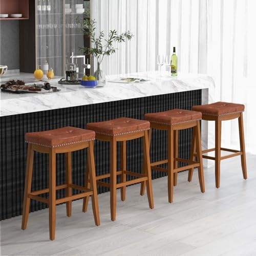 Juego de 2 butacos de bar COSTWAY, altura de barra de 29 pulgadas, asiento de cuero sintético PU, estructura de madera de caucho maciza, reposapiés, butacos sin respaldo de estilo mid-century para isla de cocina y bar en casa miniatura 4