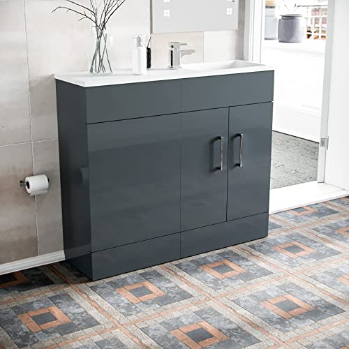 Nes Home James 1000mm Freestanding Grey MDF Slimline Vanity Cabinet & White Resin Basin