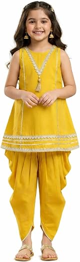 The Magic Wand Girls Cambric Cotton Sleeveless Lace Detailed A-Line Kurta and Dhoti Set Ethnic Traditional Suit Salwar Fes...