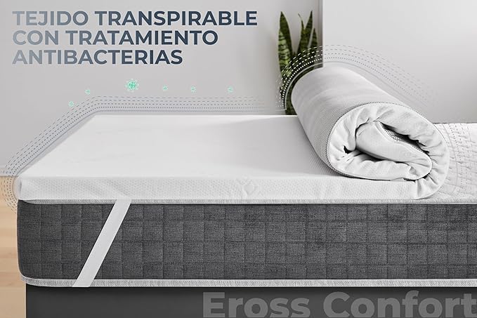 Topper 180x190 Viscoelástico. Cubre Colchón de Espuma con Memoria Adaptable a Todos los Colchones. Hipoalergénico y Transpirable. Desenfundable, Cremallera y Lavable. Moncel ErossConfort