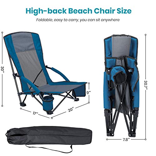 Xgear Low Seat Beach Chair High Back Camping Chair Camp Chair Lawn Chair With Cup Holder & Carry Bag For Outdoor, Camping, Bbq, Beach, Travel, Picnic, Festival (1Pc/ Blue) #TOP2