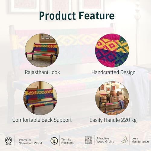 Image of Srima Wooden Bench for Living Room | Handcrafted Sheesham Wood Backrest Bench for Balcony & Garden | Traditional Rajasthani Patio for Outdoor with Cotton Handwoven Rope | Colorful 3