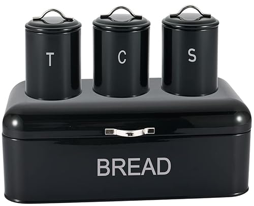 Stainless Steel 4pc Bread Bin Set Kitchen Tea Sugar Coffee Jar Bin Canister (Black)