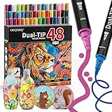 OHQOHQ 48 Colors Acrylic Paint Markers, Dual Tip with Fine Tip and Brush Tip, Acrylic Markers for Rock Painting, Canvas, Wood, Glass, Ceramic, Metal, DIY Crafts Art Supplies Kit