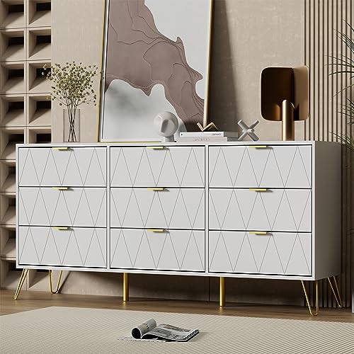 UEV White Dresser for Bedroom,Modern 9 Drawer Chest with Gold Accents,Long Storage Dresser for TV Stand & Closet,Large Chest of Drawers for Bedroom