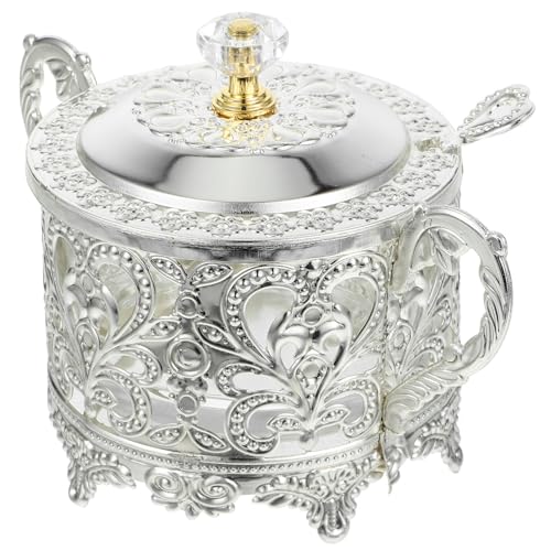 Garneck Turkish Sugar Bowl with Lid and Spoon, Seasoning Storage Jar Condiment Pot Vintage Spices Canister Jar Container for Candy Cookie Honey Jar Silver, 65801916WF