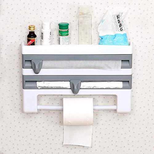 Womdee Cling Film Holder, Multifunctional Kitchen Cling Film Sauce Bottle Storage Rack with Cutter Foil Rack Towel Kitchen Paper Spice Bottles Towel Holder Rack for Home Kitchen Tool Bathroom Decor