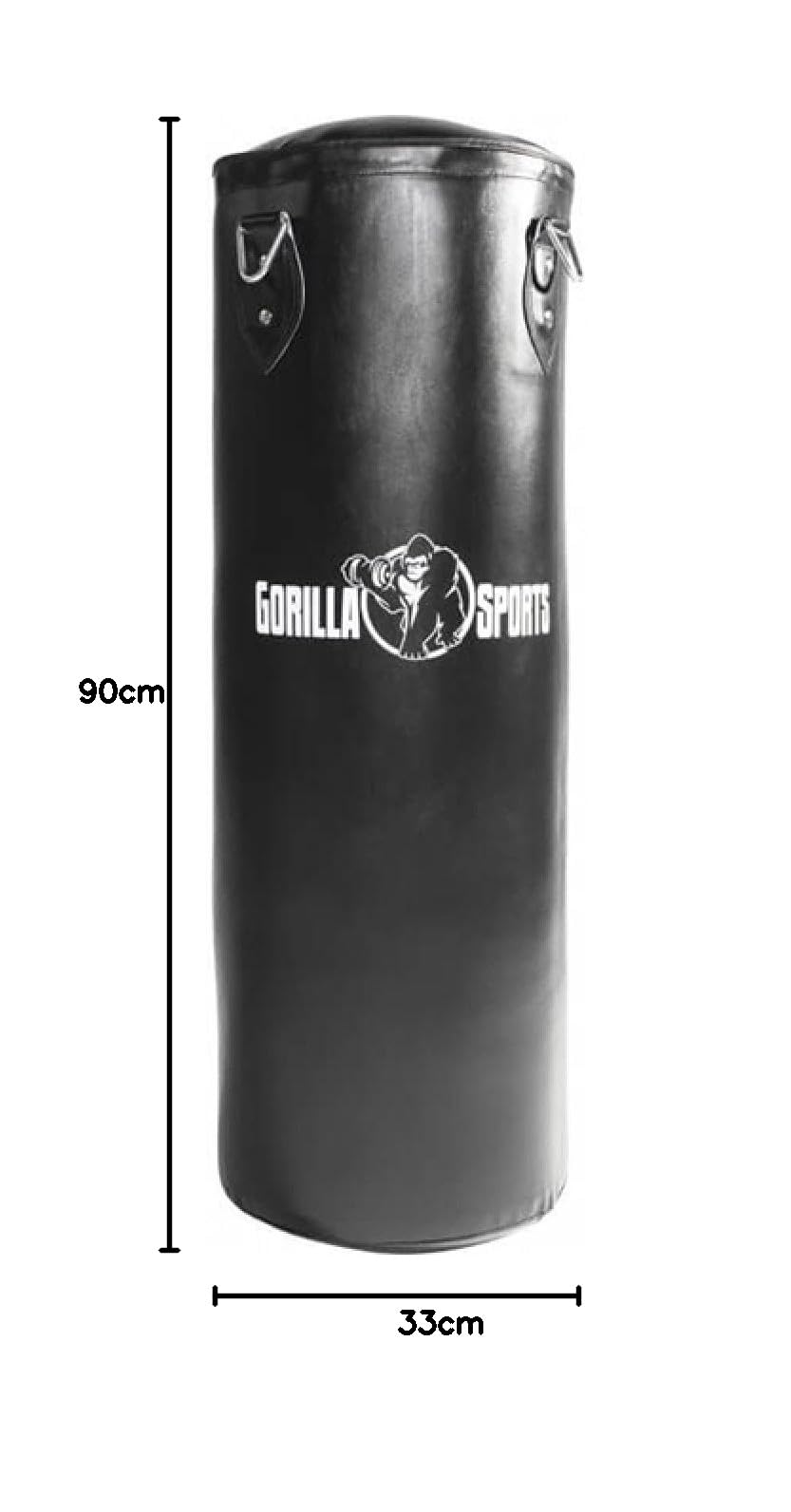 GORILLA SPORTS® Saco de boxeo – 27 kg/37 kg, relleno, colgante, con cadena de acero resistente de cuatro puntos y 4 mosquetones, piel sintética, color negro – sacos de punching, saco de arena, bolsa