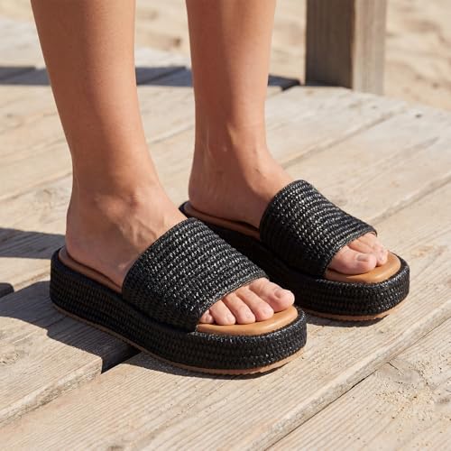 Image of Monrovia Platform Sandals Women Raffia Espadrille Slides, Woven Straw Flatform Beach Sandals Women, Slip On Summer Vacation Shoes, Comfortable Casual Daily Wear