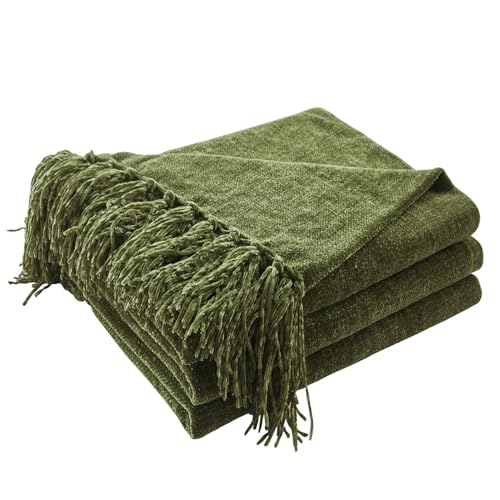 CozeCube Chenille Throw Blanket for Couch, Cozy Plush Fuzzy Decorative Olive Green Blanket with Fringe Tassels, Lightweight Throws for Bed Sofa Gift Home Decor, 50"X60"