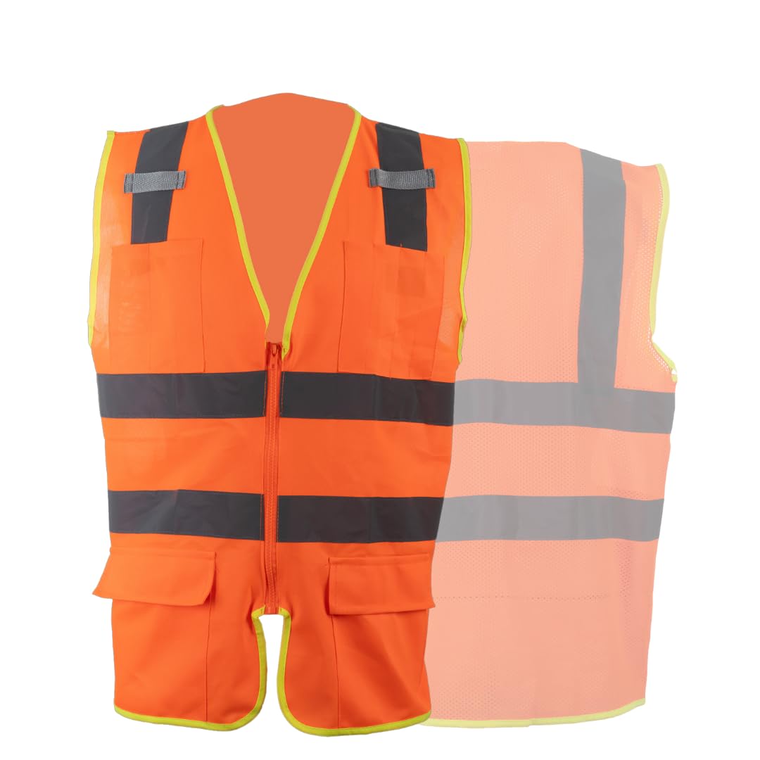 Homiegear High Visibility Reflective Safety Vest | Class 2 High Visibility Zipper Front Safety Vest With Reflective Strips | Construction ANSI Class 2 Work Vest for Men & Women (Orange, L)