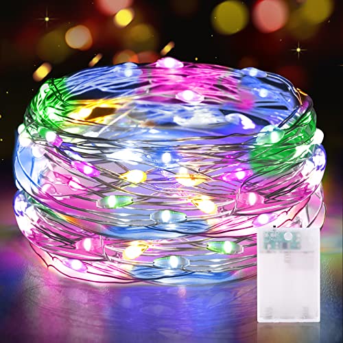 Guirnalda Luces LED, 5M 50 Luces Led con Temporizador Pilas IP65 Impermeable Mini Alambre de Cobre Cadena de Luces para Decoración Interior, Exterior, Bodas, Fiesta de Navidad (1 Pieza, Multicolor)