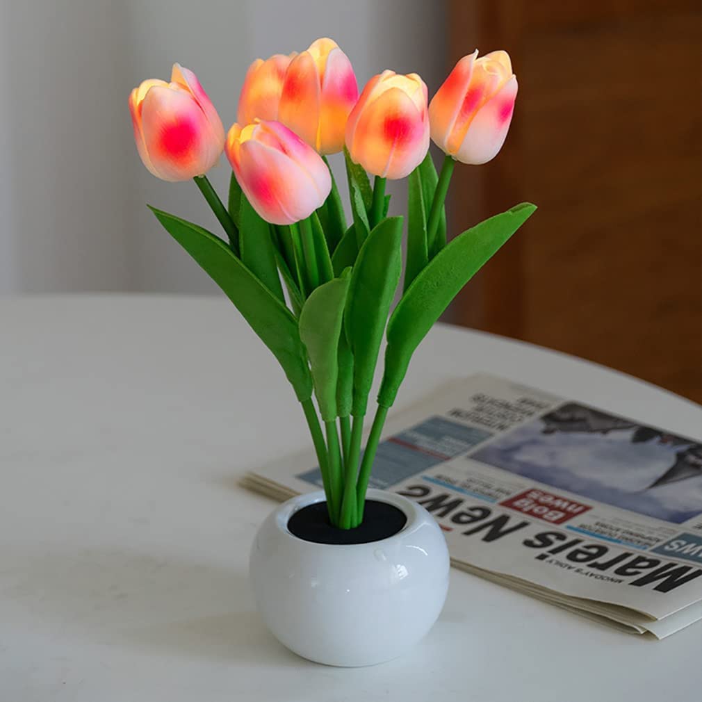 Stylish Tulip Flower Table Lamp, Six Branches Tulips LED Night Light, Simulation Flower Potted Night Light Gift for Her Birthday Holiday Party Wedding Room Decoration Light (Pink)