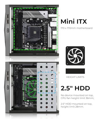 Gabinete Mini ITX SFF de Forma Compacta, Chasis para Computadora Mini Torre de Acero Aleado de 0,6 mm con Panel de Ventilación Circular, Compatible con Placas Base Mini ITX (170 × 170 mm) y Cargador de Laptop miniatura 3
