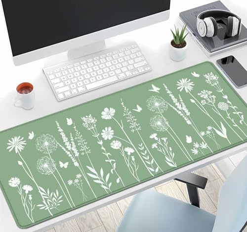 Image of IMAYONDIA Cute Sage Green Desk Mats Mousepad, Plant Floral Anime Deskmat, Aesthetic Desk Pad, Minimalist Mint White Leaves Large Gaming Mouse Pad, Decor Accessories, 31.5 X 11.8