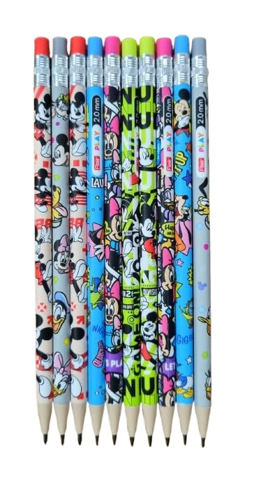 Image of Flair 2.0mm Mechanical Multicolor Extra Dark 2B Pencils| Mickey & Friends Play+Princess+Thrill Characters- 10 Eachx3= 30 Pencils| Wood Free Writing|1 Big Sharpner & 1 Eraser With Each Pack| Refillable