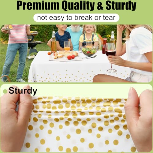 Image of Smiry Disposable Table Cloth - 6 Pack, 54 x 72 Inch Waterproof Rectangle Tablecloths for New Years, Decorative Plastic Table Cover, Leakproof & Sturdy, White & Gold