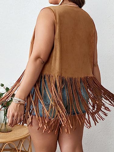 WDIRARA Women's Plus Size Fringe Trim Studded Detail Open Front V Neck Suede Boho Vest Jacket2