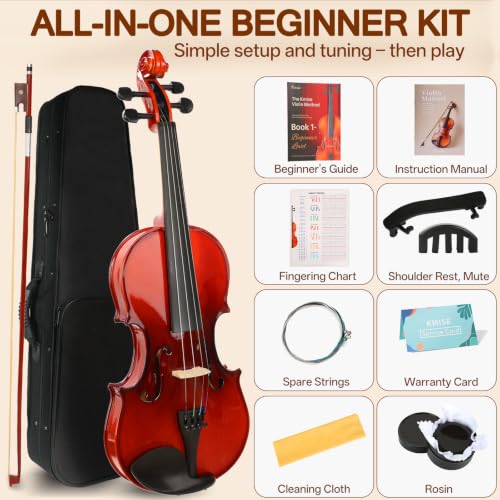 Image of Kmise Teacher Approved 4 /4 Full Size Violin Starter Kit for Adults Beginners Students, High Density Ebony Acoustic Violins, Fiddle Bundle with Case, Bow, Rosin, Strings, Shoulder Rest & Guide